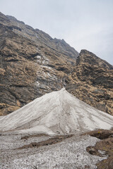 Dangerous Himalayan mountains snow avalanche at Annapurna Base Camp treks. An landslide and falling...