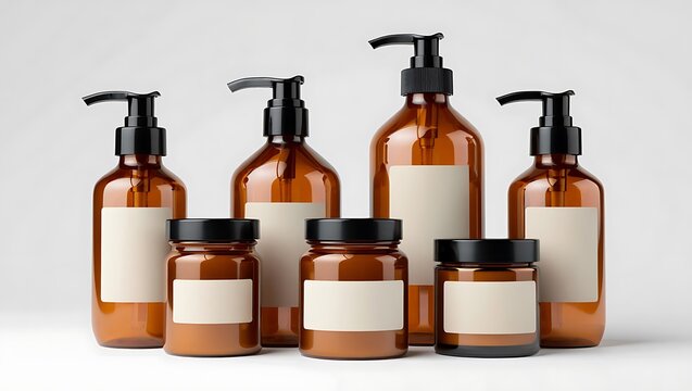 Amber glass bottles and jars with black pumps and lids image