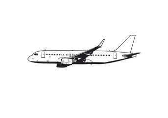 Detailed Black and White Airplane Illustration with Windows and Engines.