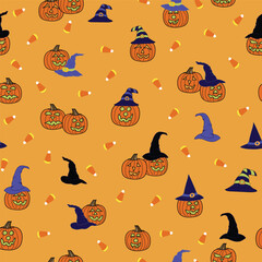 Spooky Jack o Lanterns Candy and Witch Hats on a Halloween Pumpkin Orange Background creating a seamless pattern print