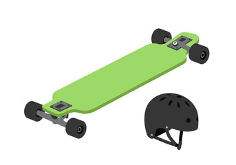 Green Longboard Skateboard with Protective Helmet.