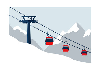 Red Gondola Lift Ascending a Snowy Mountain Supported by a Tower. © charly
