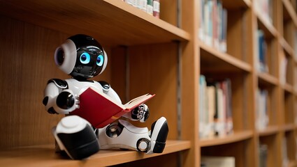 Small robot reads a book on a bookshelf in a library