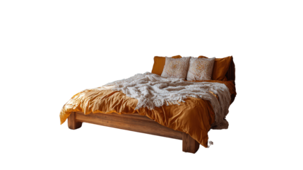 Boho Bedroom Designs: Cozy boho bedroom designs with eclectic furniture, warm textiles, and laid-back vibes, isolated on a Transparent background, PNG file.