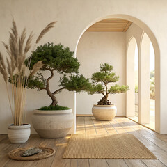 Arched entryway with potted bonsai trees and dried grass interior archway
