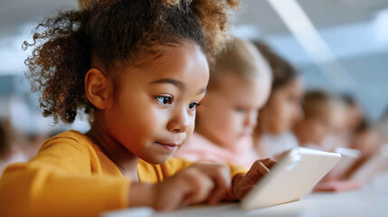 Young schoolgirl attentively using a tablet during class in a bright, modern classroom. A group of students in the background also engages in digital learning