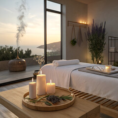 Serene spa interior with ocean view and lit candles massage table