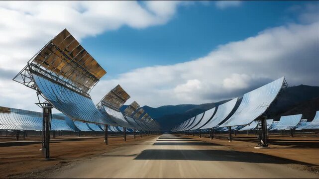 Concentrated Solar Power Mirrors in Large Industrial Solar Farm, Desert Landscape