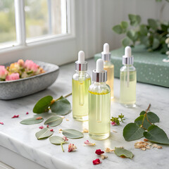 Clear glass dropper bottles with botanical elements essential oils serum
