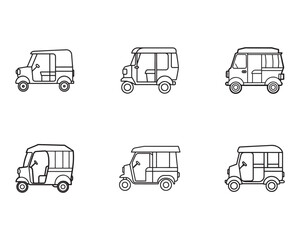 Collection of Tuk Tuk Outline Illustrations on White Background Depicting Urban Transportation in Southeast Asia