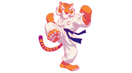 A tiger dressed in a martial arts uniform is mid-kick, displaying a blend of animal power and human discipline in a stylized setting.