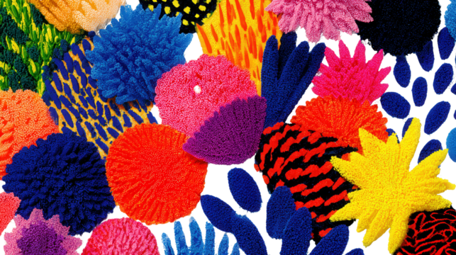 Bright Colorful Textures: Bold, vibrant textures with energetic patterns, bright colors, and creative shapes, isolated on a Transparent background, PNG file.