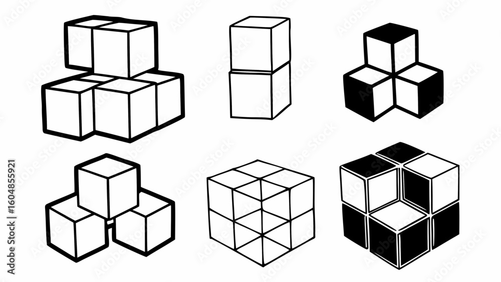 Poster collection of cube arrangements in black and white line art showing various configurations and struc