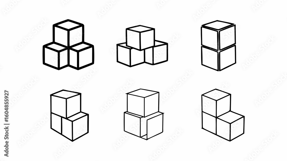 Poster six arrangements of stacked cubes displayed in a line with simple black outlines on a white backgrou