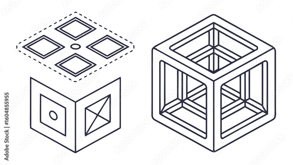 Poster isometric view of cube designs with geometric shapes and patterns in a line drawing style illustrati