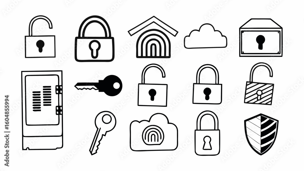 Poster collection of security themed icons featuring locks keys cloud and shield in simple line art style c