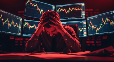 Stressed stock trader in despair during a financial market crash, clutching head in front of monitors showing a downtrend