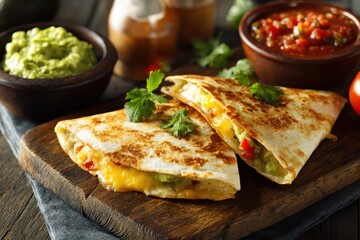 Delicious Quesadilla with Guacamole and Salsa.