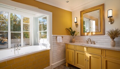 Fototapeta premium a bathroom with mustard wainscoting and white tile walls above blending contemporary and classic styles