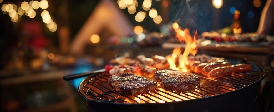 The sizzling barbecue grill with steak and sausages on a summer night.