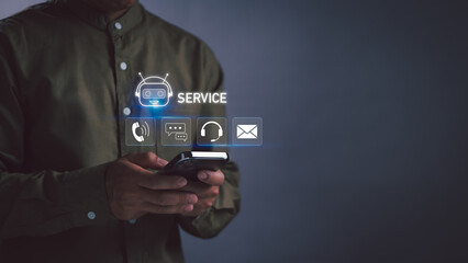 Concept of Contact Us or AI Continuous Service No Pause, Businessman Using Phone to Display Virtual Infographic with Automated Chat Boss Icon for Non-Stop and Full-Time Customer Service for Business