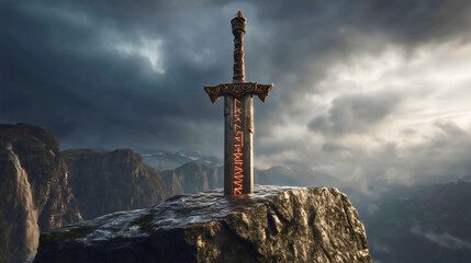 A magical sword like the legends of Excalibur, embedded in stone, a sword with runes a runic magical sword.
