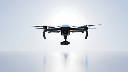 Black drone with camera suspended in air aerial photography