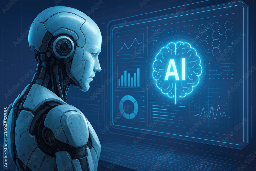 Poster futuristic robot analyzing artificial intelligence data on a digital screen technology