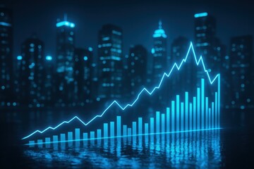 Ascending financial graph and bar chart against a futuristic city skyline at night