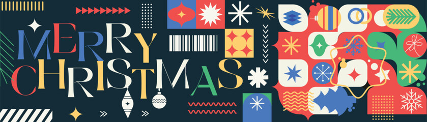 Merry Christmas Vibrant Abstract Geometric Pattern with Modern Typography Colorful Festive Ornaments and Snowflakes Holiday Greeting Background Design