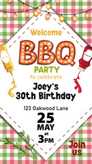 Fun summer barbecue party invitation template. Vertical vector illustration. BBY party poster.