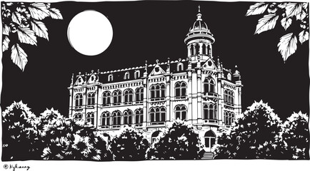 Drawing of a historic building with classical architecture, isolated on a white background. Classical architecture vector.
