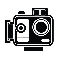 Stylized silhouette of an action camera with a lens and body isolated on white background for graphic design