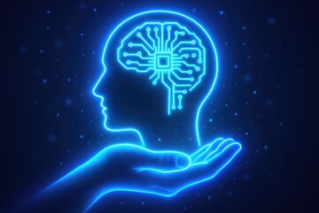 Glowing blue neon human head profile with circuit board brain held in open palm against dark starry background