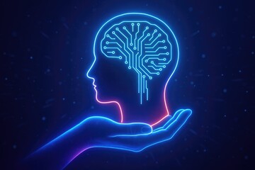 Glowing human head outline with internal circuitry held by a luminous hand brain