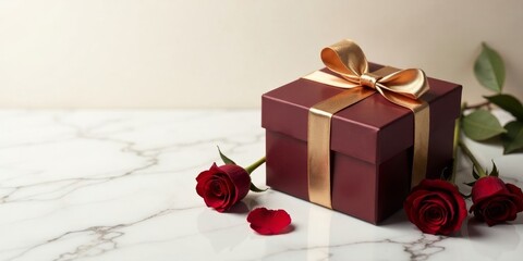 A maroon gift box with a gold ribbon, accompanied by two dark red roses and a fallen petal on a white marble surface.