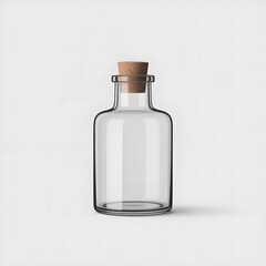 Clear glass bottle with natural cork stopper on a white background
