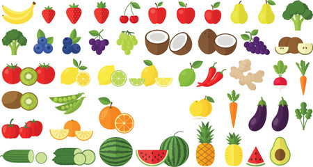 Obraz premium A vibrant cartoon vector illustration set depicts fresh, healthy food icons like red apples, green peppers, carrots, and orange pumpkins