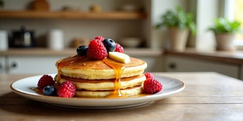 A delightful stack of fluffy pancakes, generously drizzled with golden syrup and adorned with a medley of fresh raspberries and blueberries, a perfect breakfast treat