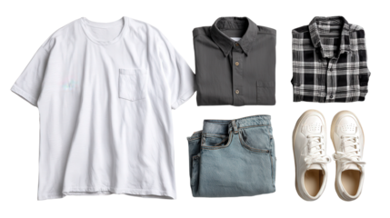 Casual Outfit Flat Lay: A flat lay of a casual outfit including t-shirts, jeans, and sneakers, isolated on a Transparent background, PNG file.