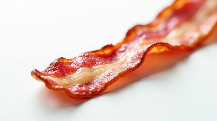 A single strip of crispy, savory, and perfectly cooked bacon rests on a pristine white surface, showcasing its rich color, delightful texture, and irresistible aroma