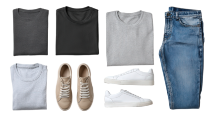 Casual Outfit Flat Lay: A flat lay of a casual outfit including t-shirts, jeans, and sneakers, isolated on a Transparent background, PNG file.