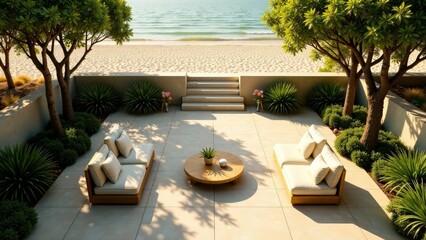 Serene Coastal Patio Design Featuring Tranquil Seating Area and Lush Landscaping Adjacent to a Sandy Beach