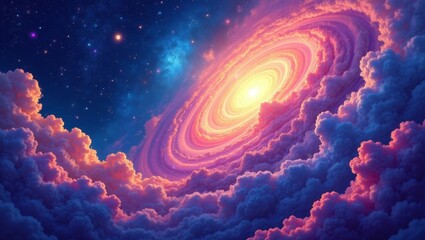 Celestial Vortex Swirling Through Dreamlike Cloudscape, A Cosmic Ballet of Light and Color
