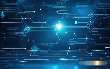 3D abstract blue glowing circuit board technology background, futuristic digital light effects on dark 4K rendered backdrop