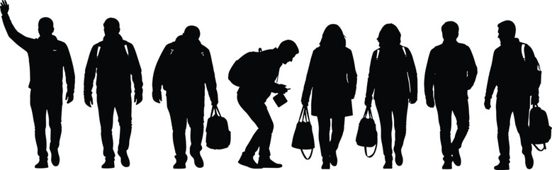 Silhouettes of diverse people walking, standing, interacting in everyday urban life, perfect for street design, city scenes, and creative projects