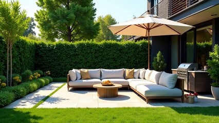 Serene Outdoor Patio Design Featuring Modern Sectional Sofa, Stylish Coffee Table, and Built-in Grill Under a Shade Umbrella