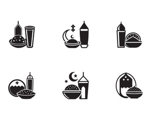 Eid Mubarak Ramadan Kareem vector design elements in silhouette style celebrating Islamic culture with food and lanterns