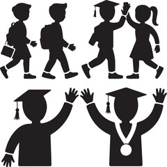 Students celebrating graduation and walking to school backpacks