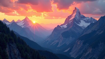 Serene Sunset Over Majestic Mountain Range, Bathed in Warm Hues of Orange and Pink, with Dark Evergreen Forests at the Base